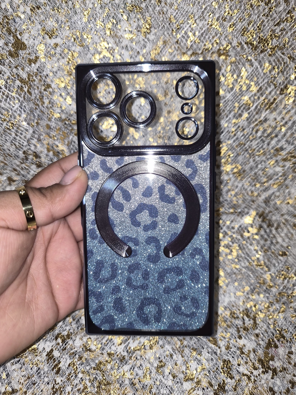 Phone 17 Pro Blue Leopard Glitter Phone Case